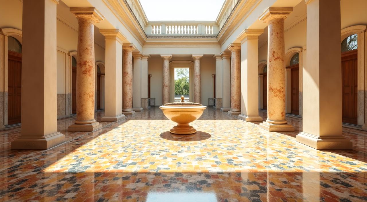 Ricostruzione storica di una villa romana impeccabile con mosaici splendenti