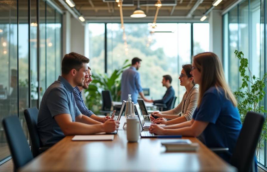 Team che lavora in un ufficio luminoso, ordinato e perfettamente igienizzato